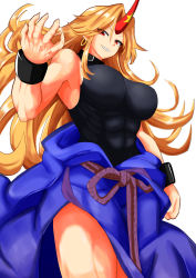 Rule 34 | 1girl, abs, absurdres, black shirt, blonde hair, breasts, clenched hand, commentary request, covered abs, cowboy shot, cuffs, eyes visible through hair, fugaku (miko no miyatsuguchi), grin, hair between eyes, highres, horns, hoshiguma yuugi, impossible clothes, impossible shirt, large breasts, long hair, looking at viewer, looking down, muscular, muscular female, pointy ears, red eyes, red horns, shirt, simple background, single horn, sleeveless, sleeveless shirt, smile, solo, star (symbol), touhou, white background
