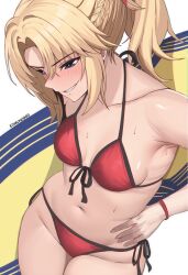 Rule 34 | 1girl, absurdres, armpits, bikini, blonde hair, braid, breasts, edmun6969, fate/grand order, fate (series), french braid, front-tie bikini top, front-tie top, green eyes, hand on own hip, highres, holding, holding surfboard, long hair, mordred (fate), mordred (fate) (all), mordred (swimsuit rider) (fate), navel, parted lips, ponytail, red bikini, side-tie bikini bottom, small breasts, smile, solo, surfboard, sweat, swimsuit, twitter username, white background