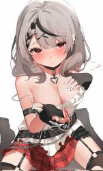 Rule 34 | 1girl, arm strap, bare shoulders, black choker, black gloves, black hair, black thighhighs, blowing kiss, blush, braid, breasts, chain, choker, cleavage, commentary request, corrupted twitter file, ear piercing, eyelashes, fingerless gloves, garter straps, gloves, grey hair, hair ornament, hand on own chest, hands up, heart, heart choker, highres, hololive, imkooooww, knees out of frame, large breasts, medium hair, miniskirt, multicolored hair, no shoes, o-ring, o-ring thigh strap, piercing, plaid, plaid skirt, pleated skirt, puckered lips, red eyes, red skirt, sakamata chloe, sakamata chloe (1st costume), shirt, shy, simple background, single braid, sitting, skirt, sleeveless, sleeveless shirt, solo, spaghetti strap, strap slip, streaked hair, sweatdrop, thigh strap, thighhighs, tsurime, virtual youtuber, wariza, white background, white shirt, x hair ornament, zettai ryouiki