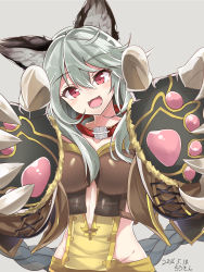 Rule 34 | 10s, 1girl, :d, animal ears, blush, breasts, claw (weapon), claws, collar, erune, fangs, foreshortening, granblue fantasy, grey hair, head tilt, highres, incoming hug, kazami chiu, long hair, looking at viewer, open mouth, outstretched arms, red eyes, sen (granblue fantasy), smile, solo, upper body, weapon