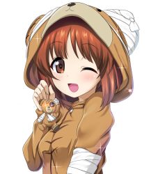 Rule 34 | 1girl, blush, boko (girls und panzer), brown eyes, brown hair, girls und panzer, highres, long sleeves, looking at viewer, nishizumi miho, one eye closed, open mouth, pajamas, shiina excel, short hair, smile, solo, sparkle, upper body