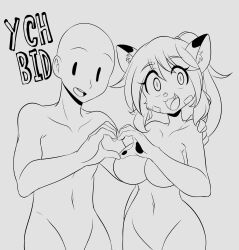 Rule 34 | 1boy, 1girl, :3, absurdres, animal ears, breasts, cat ears, cleavage, curvy, faceless, faceless male, fang, furry, goya (lucyfer), heart, heart hands, highres, large breasts, long hair, looking at viewer, lucyfer, navel, nude, original, ponytail, simple background, smile, standing, wide hips