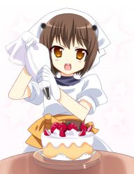 Rule 34 | 10s, 1girl, alternate costume, blush, brown hair, cake, dress, food, fruit, gloves, head scarf, headgear, icetiina, kantai collection, looking at viewer, open mouth, puffy short sleeves, puffy sleeves, short hair, short sleeves, simple background, solo, strawberry, upper body, white background, white dress, white gloves, yukikaze (kancolle)