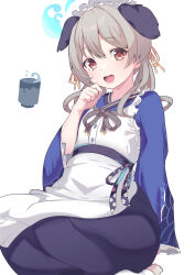 Rule 34 | 1girl, absurdres, animal ears, apron, blue archive, blush, breasts, brown eyes, commentary request, dog ears, grey hair, hair ornament, halo, highres, kainekodash, long hair, looking at viewer, maid headdress, medium breasts, open mouth, seiza, sitting, solo, umika (blue archive), wavy hair, white background