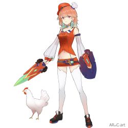 Rule 34 | 1girl, absurdres, arescr, artist name, belt, bird, chicken, commentary, detached sleeves, english commentary, full body, highres, hololive, hololive english, long hair, long sleeves, looking at viewer, microskirt, multiple hats, navel, neck ribbon, orange hair, purple eyes, ribbon, shield, shoes, skirt, sneakers, standing, stomach, sword, takanashi kiara, thighhighs, virtual youtuber, weapon, white thighhighs, zettai ryouiki