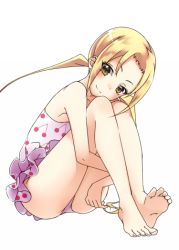 Rule 34 | 1girl, bare legs, barefoot, casual one-piece swimsuit, cherry print, feet, female focus, food print, frilled one-piece swimsuit, frilled swimsuit, frills, from side, full body, hagimura suzu, head tilt, hugging own legs, knees to chest, knees up, long hair, looking at viewer, looking to the side, one-piece swimsuit, pink one-piece swimsuit, print one-piece swimsuit, print swimsuit, seitokai yakuindomo, simple background, sitting, smile, solo, swimsuit, toes, touryou, twintails, white background, yellow eyes
