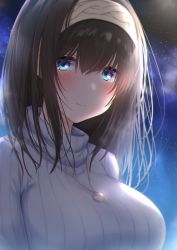 Rule 34 | 1girl, black hair, blue eyes, blue sweater, blush, breasts, closed mouth, commentary request, grey hairband, hairband, highres, idolmaster, idolmaster cinderella girls, jewelry, kyuunosuke (lactis09), large breasts, long hair, looking at viewer, necklace, night, outdoors, sagisawa fumika, sky, smile, solo, star (sky), starry sky, sweater, turtleneck, turtleneck sweater, upper body