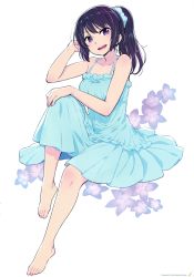 Rule 34 | 10s, 1girl, :d, absurdres, barefoot, blue dress, chan co, dress, feet, flower, full body, hibike! euphonium, highres, kousaka reina, leg up, long hair, looking at viewer, open mouth, ponytail, purple eyes, purple hair, scan, simple background, sitting, smile, solo, sundress, toes, white background
