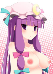 Rule 34 | 1girl, bad id, bad pixiv id, breasts, crescent, crescent moon, female focus, hat, large breasts, long hair, moon, nase, nipples, nude, patchouli knowledge, purple eyes, purple hair, retro artstyle, solo, touhou