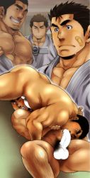 Rule 34 | 5boys, 69, bandaid, bandaid on face, bara, blank censor, blush, camera, censored, completely nude, erection, fellatio, highres, large pectorals, male focus, manly, multiple boys, muscular, naughty face, nipples, nude, oral, pectorals, penis, recording, sideburns, smile, terujirou (masateruteru), thick eyebrows, thighs, undressing, wince, yaoi