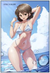 Rule 34 | 1girl, :d, aelion draws, arm up, armpit crease, bare arms, bare shoulders, bikini, black eyes, blue sky, blurry, blurry foreground, border, borrowed character, bracelet, breasts, brown hair, cleavage, cloud, collarbone, commentary, constricted pupils, contrapposto, cowboy shot, curled fingers, english commentary, forehead, grey bikini, hair between eyes, highleg, highleg bikini, highres, jewelry, large breasts, legs apart, looking at viewer, navel, ocean, open mouth, original, outdoors, patreon username, shadow, short hair, sky, smile, solo, sparkle, swimsuit, teeth, thighs, upper teeth only, water, water drop, white border, wide hips