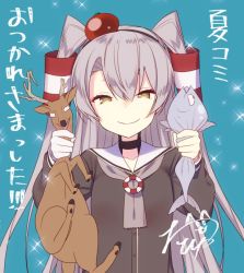 Rule 34 | 1girl, amatsukaze (kancolle), antlers, blue background, brown dress, brown eyes, choker, dress, fish, hair tubes, hat, horns, kantai collection, lifebuoy, long hair, looking at viewer, mini hat, reindeer, sailor dress, signature, silver hair, simple background, smile, sparkle, strangling, swim ring, tahya, translation request, two side up, upper body