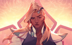 Rule 34 | 1boy, blonde hair, brown eyes, closed mouth, collarbone, commentary, dark skin, english commentary, highres, lifeweaver (overwatch), looking at viewer, male focus, mk/ret, open clothes, overwatch, overwatch 2, pectoral cleavage, pectorals, raised eyebrow, signature, solo, upper body, white sleeves