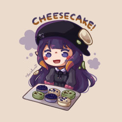 Rule 34 | 1girl, absurdres, alternate costume, artist name, blue eyes, blunt bangs, blush, brown background, cheesecake, chibi, clothing request, collared shirt, colored tips, commentary, dress, food, foxiekura, happy, hat, highres, hololive, hololive english, long hair, multicolored hair, ninomae ina&#039;nis, ninomae ina&#039;nis (casual), open mouth, orange hair, pleated dress, pointy ears, purple hair, shirt, signature, simple background, smile, solo, tentacle hair, tentacles, twitter username, virtual youtuber