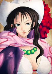 Rule 34 | 1girl, alvida (one piece), bead necklace, beads, black hair, closed mouth, cowboy hat, dated, green eyes, hat, hat feather, jewelry, k-suwabe, lipstick, long hair, makeup, necklace, one piece, pink scarf, red lips, scarf, smile, solo, wavy hair, white hair, white hat