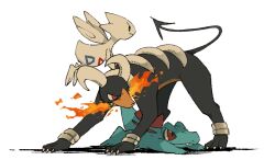 Rule 34 | animal focus, black eyes, black fur, breath weapon, breathing fire, claws, creatures (company), crocodilian, curled horns, dog, fire, flying, forked tail, game freak, gen 2 pokemon, highres, horns, houndoom, lying, mashita. (mentaiko omoti), nintendo, no humans, on stomach, pokemon, pokemon (creature), red eyes, serious, snout, tail, teeth, togetic, totodile, turning head, white background, wings