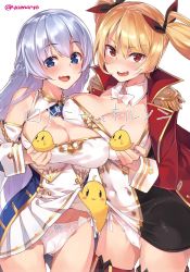 Rule 34 | 2girls, amulet, azur lane, bare shoulders, bikini, bird, blonde hair, blue eyes, blush, bow, bowtie, breasts, chick, cleavage, cleavage cutout, clothes lift, clothing cutout, coat, covered erect nipples, covered navel, detached sleeves, dress, dress lift, epaulettes, fang, gluteal fold, hair ribbon, large breasts, long hair, looking at viewer, multiple girls, nelson (azur lane), open mouth, panties, red eyes, ribbon, rodney (azur lane), short dress, side-tie bikini bottom, silver hair, simple background, super zombie, swimsuit, thighhighs, translation request, twintails, twitter username, underwear, wavy mouth, white background