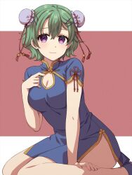 Rule 34 | 1girl, breasts, chihiro (chihiro3399), china dress, chinese clothes, cleavage cutout, clothing cutout, commentary, double-parted bangs, dress, eiyuu densetsu, green hair, hair between eyes, highres, looking at viewer, medium breasts, musse egret, pink background, purple eyes, seiza, sen no kiseki, short hair, sitting, smile, solo, two-tone background, white background