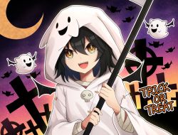 Rule 34 | 1boy, bandaged arm, bandages, bat wings, black hair, commentary, crescent moon, dutch angle, english text, fangs, ghost, graveyard, hair between eyes, halloween, highres, holding, holding scythe, hood, hood up, hoodie, long sleeves, looking at viewer, male focus, mashiro meme, medium hair, moon, night, nijisanji, open mouth, scythe, sky, smile, star (sky), starry sky, symbol-only commentary, teeth, trick or treat, upper body, upper teeth only, virtual youtuber, white hoodie, wide sleeves, wings, yellow eyes, yu cha