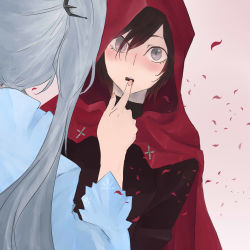 Rule 34 | 2girls, blush, brown hair, cape, finger to another&#039;s mouth, finger to mouth, grey hair, hood, multiple girls, noel (pixiv5459099), petals, ruby rose, rwby, grey eyes, weiss schnee, white hair, wide-eyed, yuri