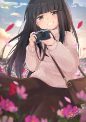Rule 34 | 1girl, alternate costume, aoshima sakana, black hair, blue sky, blunt bangs, blurry, brown eyes, brown skirt, camera, cloud, commentary request, commission, cowboy shot, depth of field, flower, gradient sky, grin, hatsuyuki (kancolle), highres, hime cut, kantai collection, long hair, looking at viewer, outdoors, petals, pink sweater, skeb commission, skirt, sky, smile, solo, sunrise, sweater