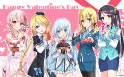 Rule 34 | 5girls, :d, ;d, aiguillette, armband, bare shoulders, black legwear, blonde hair, blush, box, braid, emilia (krt girls), gift, gift box, hair ornament, happy valentine, heart-shaped box, highres, hika (cross-angel), incoming gift, japanese clothes, krt girls, kuuki shoujo, low twintails, magi in wanchin basilica, multiple girls, necktie, nun, one eye closed, open mouth, pantyhose, pencil skirt, pink hair, ribbon-trimmed clothes, ribbon trim, sergestid shrimp in tungkang, skirt, smile, the personfication of atmosphere, the personification of atmosphere, twin braids, twintails, uniform, valentine, vest, xiao ma, xiao qiong, xuan ying