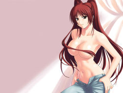 Rule 34 | 00s, 1girl, breasts, brown eyes, censored, convenient censoring, hair censor, hair over breasts, kousaka tamaki, large breasts, long hair, pants, red hair, solo, tanaka shoutarou, to heart (series), to heart 2, topless, undressing, upper body, wallpaper