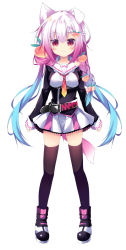 Rule 34 | 1girl, animal ear fluff, animal ears, belt, belt buckle, black belt, black jacket, black thighhighs, blue hair, blush, boots, braid, buckle, closed mouth, commentary request, copyright request, dog ears, dog girl, dog tail, food-themed hair ornament, full body, gradient hair, gradient neckwear, hair between eyes, hair ornament, highres, indie virtual youtuber, jacket, long hair, long sleeves, multicolored hair, nanamomo rio, necktie, peach hair ornament, pleated skirt, purple hair, red eyes, red necktie, sailor collar, silver hair, simple background, skirt, sleeves past wrists, smile, solo, standing, tail, thighhighs, thighhighs under boots, valentine, very long hair, virtual youtuber, white background, white footwear, white sailor collar, white skirt, yellow necktie