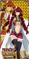 Rule 34 | 1girl, breasts, christmas, earrings, fairy tail, highres, irene belserion, jewelry, large breasts, long hair, looking at viewer, mature female, navel, official art, quad braids, red hair, revealing clothes, scar, thighhighs, underboob