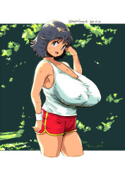 Rule 34 | 1girl, artist name, bare shoulders, black hair, border, breasts, commentary request, cowboy shot, dated, green eyes, highres, huge breasts, large breasts, looking at viewer, nipples, no bra, open mouth, original, outdoors, outside border, red shorts, sanemichi hajime, short hair, short shorts, shorts, single wrist cuff, sweat, tank top, thighs, tongue, white border, white tank top, wrist cuffs