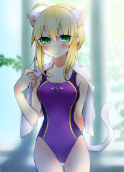 Rule 34 | 1girl, alternate costume, animal ears, artoria pendragon (all), artoria pendragon (fate), blonde hair, cat ears, cat tail, competition swimsuit, fate/stay night, fate (series), green eyes, long hair, official alternate costume, one-piece swimsuit, saber (fate), saber (summer battle clothes) (fate), sakurako (moutan), swimsuit, tail