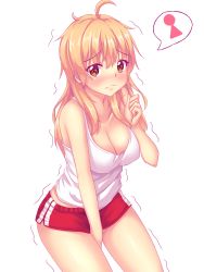 Rule 34 | 1girl, ahoge, bare shoulders, between thighs, blonde hair, blush, breasts, brown eyes, cleavage, clenched hand, covered erect nipples, embarrassed, hair between eyes, have to pee, highres, large breasts, long hair, looking at viewer, messy hair, nottytiffy, original, red eyes, shorts, simple background, solo, speech bubble, standing, tank top, tiffy (nottytiffy), trembling, wavy mouth, white background