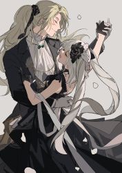 Rule 34 | 1boy, 1girl, absurdres, arm around waist, bad id, bad twitter id, black dress, black gloves, blonde hair, blouse, closed eyes, dancing, dress, fate/grand order, fate (series), flower, formal, gloves, grey background, hair flower, hair ornament, hair ribbon, half gloves, highres, holding hands, long hair, manly, marie antoinette (fate), marie antoinette (formal dress) (fate), official alternate costume, petals, ribbon, shirt, simple background, smile, suit, twintails, very long hair, white gloves, white shirt, wolfgang amadeus mozart (fate), wolfgang amadeus mozart (formal dress) (fate), zhibuji loom