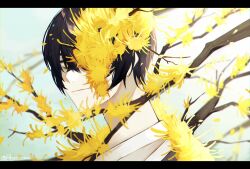 Rule 34 | 1boy, black hair, branch, closed mouth, e.g.o (project moon), flower, hashtag-only commentary, highres, letterboxed, limbus company, looking at viewer, male focus, material growth, project moon, short hair, solo, to ame ha yaiba, twitter username, yellow eyes, yellow flower, yi sang (project moon)