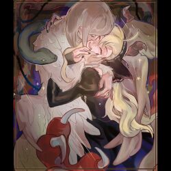 Rule 34 | 2girls, black dress, blonde hair, branchii4, chimera, closed eyes, dress, dungeon meshi, ear covers, elf, falin touden, falin touden (chimera), feathers, head scarf, highres, kiss, kissing cheek, long hair, marcille donato, marcille donato (lord), multiple girls, parted lips, pointy ears, snake, talons, teeth, the kiss, tongue, upper teeth only, wings, yuri