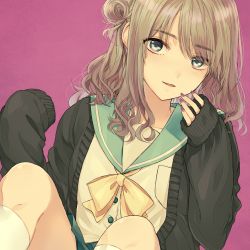 Rule 34 | 1girl, blue eyes, blue sailor collar, bow, bowtie, breast pocket, brown hair, chisumi, covering own mouth, hair bun, hand over own mouth, highres, jacket, kneehighs, long sleeves, looking at viewer, medium hair, nail polish, open clothes, open jacket, original, parted lips, pink background, pink nails, pocket, sailor collar, school uniform, serafuku, shirt, side bun, single side bun, sitting, sleeves past wrists, smile, socks, solo, white shirt, white socks, yellow bow, yellow bowtie
