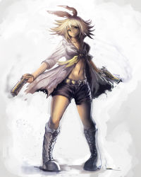 Rule 34 | 1girl, abs, belt, blonde hair, boots, bullet, dual wielding, expressionless, full body, green eyes, gun, hair ornament, handgun, highres, holding, kagamine rin, knee boots, midriff, navel, pistol, popped collar, ribbon, shell casing, short hair, shorts, smoke, smoking barrel, solo, torn clothes, vocaloid, weapon, yilx