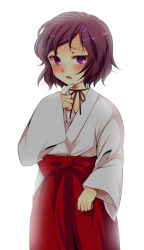 Rule 34 | 1boy, blush, highres, japanese clothes, looking at viewer, male focus, miko, n-mix, purple eyes, short hair, simple background, solo, steins;gate, trap, urushibara ruka, white background