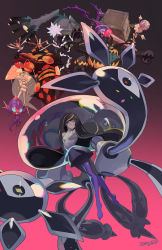 Rule 34 | 1girl, bare shoulders, blacephalon, black hair, buzzwole, celesteela, commentary request, creatures (company), dress, e volution, game freak, gen 7 pokemon, gradient background, guzzlord, looking at viewer, lusamine (pokemon), multicolored hair, naganadel, nihilego, nintendo, no shoes, pantyhose, parted lips, pheromosa, poipole, pokemon, pokemon (creature), pokemon sm, purple pantyhose, sleeveless, sleeveless dress, stakataka, streaked hair, teeth, ultra beast, xurkitree, yellow eyes