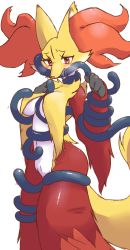 Rule 34 | 1girl, animal ear fluff, animal ears, animal nose, between breasts, between legs, blush, body fur, breasts, chizi, creatures (company), delphox, drooling, fang, fox ears, fox girl, fox tail, furry, furry female, game freak, gen 6 pokemon, groping, half-closed eyes, hands up, highres, large breasts, looking at viewer, navel, nintendo, open mouth, pokemon, pokemon (creature), red eyes, red fur, restrained, saliva, simple background, snout, solo, standing, tail, teeth, tentacles, underboob, white background, white fur, yellow fur