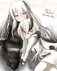Rule 34 | 2girls, abyssal ship, aircraft carrier princess, armor, armored boots, blush, boots, breasts, colored skin, dated, giraffe (ilconte), hair between eyes, heavy cruiser princess, highres, horns, kantai collection, long hair, looking at viewer, medium breasts, multiple girls, one side up, pale skin, parted lips, red eyes, thighhighs, twitter username, white hair, white skin