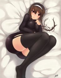 Rule 34 | 1girl, absurdres, bad id, bad pixiv id, black thighhighs, blush, bodystocking, breasts, brown eyes, brown hair, garter straps, girls&#039; frontline, hair ribbon, hand on own chest, highres, large breasts, legs, legs together, light smile, looking at viewer, no jacket, on bed, pencil skirt, ribbon, short hair with long locks, signature, skirt, solo, thighhighs, thighs, tsurime, type 79 (girls&#039; frontline), white ribbon, yasaka nao as77