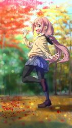 Rule 34 | 1girl, :d, absurdres, ahoge, autumn leaves, black pantyhose, blue eyes, blurry, blurry background, highres, kagamihara nadeshiko, loafers, long hair, oekakiism, open mouth, outdoors, pantyhose, pink hair, school uniform, shoes, smile, solo, standing, standing on one leg, twintails, yurucamp