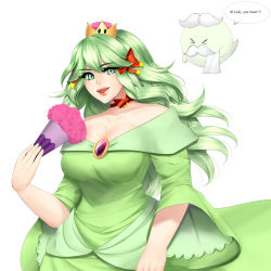 Rule 34 | &gt; &lt;, 1boy, 1girl, boo (mario), bootler, bow, bow (paper mario), breasts, cleavage, collarbone, commentary, crown, daypoo, dress, english commentary, english text, eyelashes, facial hair, fang, feather fan, folding fan, gem, green dress, green eyes, green hair, hair bow, hand fan, humanization, large breasts, lipstick, long hair, looking at viewer, makeup, mario (series), mustache, neck ribbon, nintendo, off-shoulder dress, off shoulder, paper mario, red bow, ribbon, speech bubble, strapless, strapless dress, super crown, wavy hair, white background, wide sleeves