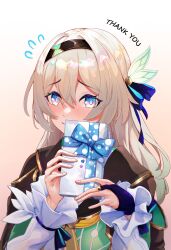 Rule 34 | 1girl, absurdres, ailushin, black hairband, black jacket, blue eyes, blue hair, blue pupils, blue ribbon, blush, bow, box, box of chocolates, bridal gauntlets, closed mouth, collared shirt, firefly (honkai: star rail), flying sweatdrops, furrowed brow, gift, gift box, gradient hair, green bow, grey hair, hair between eyes, hair bow, hair intakes, hair ribbon, hairband, highres, holding, holding box, honkai: star rail, honkai (series), jacket, long hair, long sleeves, multicolored hair, neckerchief, nose blush, orange neckerchief, pink eyes, ribbon, shirt, sidelocks, simple background, smile, solo, thank you, two-tone eyes, white background, white shirt