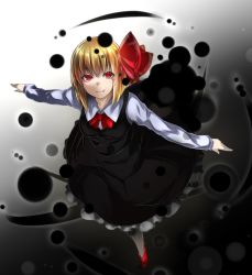 Rule 34 | 1girl, black skirt, black vest, blonde hair, bow, bowtie, breasts, closed mouth, collared shirt, darkness, fang, foreshortening, frilled skirt, frills, from above, full body, hair ribbon, looking at viewer, looking up, ototobe, outstretched arms, red bow, red bowtie, red eyes, red footwear, red ribbon, ribbon, rumia, shirt, shoes, short hair, skirt, skirt set, small breasts, solo, touhou, vest, white shirt