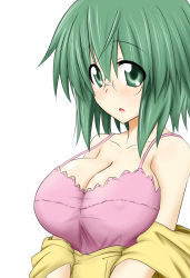 Rule 34 | 10s, 1girl, bad id, bad pixiv id, blush, bra, breasts, cleavage, clothes down, female focus, glasses, green eyes, green hair, infinite stratos, large breasts, matching hair/eyes, open mouth, short hair, simple background, solo, take (shokumu-taiman), underwear, undressing, white background, yamada maya (infinite stratos)