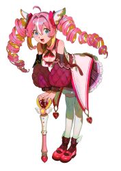 Rule 34 | 1girl, absurdres, bent over, blue eyes, breasts, cleavage, dress, drill hair, hair between eyes, highres, holding, holding wand, ka 4maki, large breasts, long hair, magical girl, open mouth, original, pantyhose, pink dress, pink footwear, pink hair, shoes, simple background, smile, solo, standing, twin drills, wand, white background, white pantyhose, winged footwear