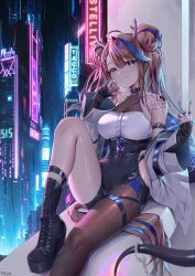 Rule 34 | 1girl, absurdres, airi kanna, blue eyes, blush, breasts, brown hair, city, closed mouth, highres, horns, long hair, looking at viewer, medium breasts, multicolored hair, sitting, smile, solo, stellive, streaked hair, tacco (tikeworld), tail, thighhighs, thighs, twintails, very long hair, virtual youtuber
