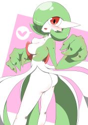 Rule 34 | 1girl, absurdres, ass, blush, bob cut, breasts, collarbone, colored skin, creatures (company), female focus, from behind, game freak, gardevoir, gen 3 pokemon, green hair, green skin, hair over one eye, hand up, happy, heart, highres, kazamidoririnn, kneepits, legs, looking at viewer, looking back, multicolored skin, nintendo, nipples, one eye covered, open mouth, pink background, pokemon, pokemon (creature), red eyes, short hair, small breasts, smile, solo, speech bubble, spoken heart, standing, thighs, two-tone skin, white skin